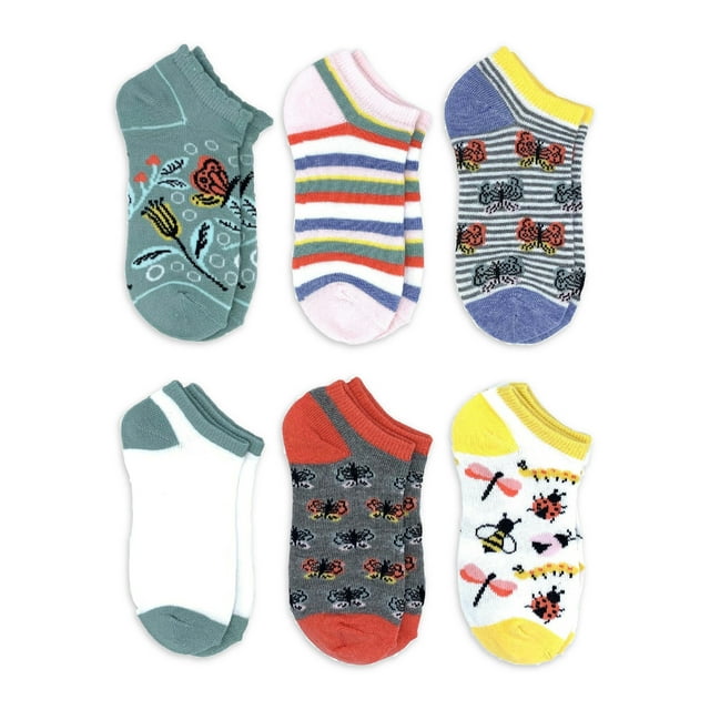 Wonder Nation Girls Spring Garden No Show Socks, 6-Pack, Sizes S-L