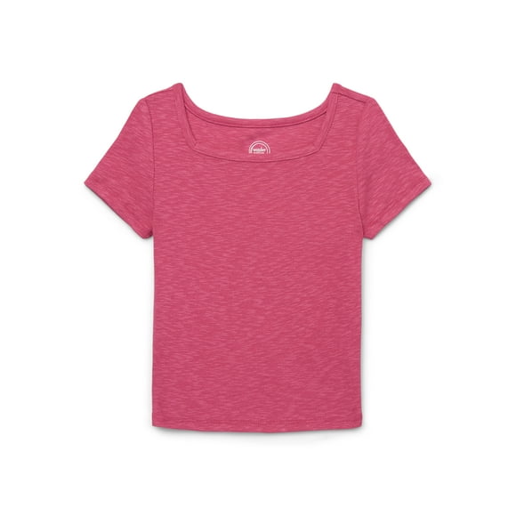 Wonder Nation Girls Short Sleeve Square Neck Ribbed T-Shirt, Sizes 4-18 & Plus