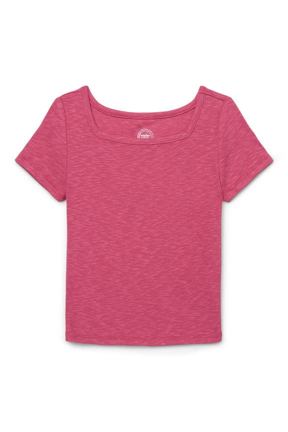 Girls Short Sleeve Square Neck Ribbed T-Shirt, Sizes 4-18 & Plus