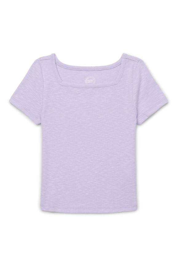 Girls Short Sleeve Square Neck Ribbed T-Shirt, Sizes 4-18 & Plus