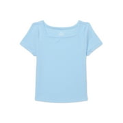 WONDER NATION Girls Short Sleeve Square Neck Ribbed T-Shirt, Sizes 4-18 & Plus