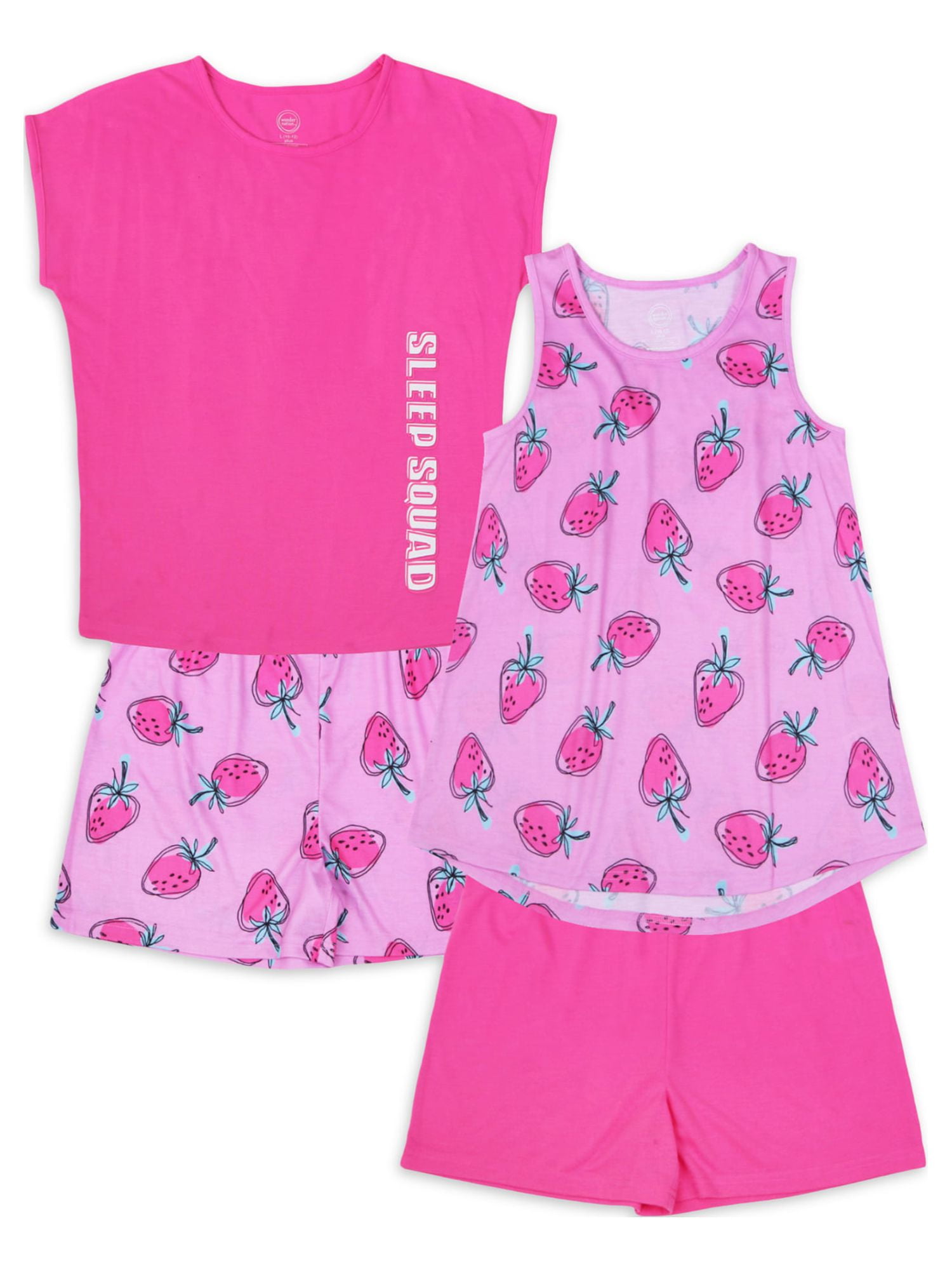 Wonder Nation Girls Strawberries Tank, T-Shirt & Sleep Shorts, 4-Piece, Sizes 4-18 & Plus