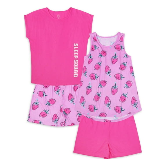Wonder Nation Girls Strawberries Tank, T-Shirt & Sleep Shorts, 4-Piece, Sizes 4-18 & Plus