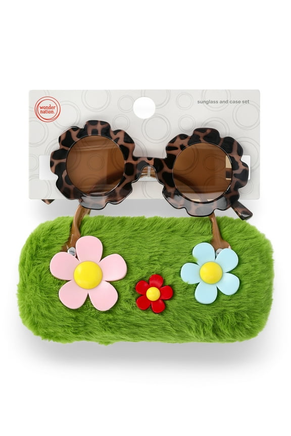 Girls Sunglasses and Plush Grass Flower Case Set, 2-Piece