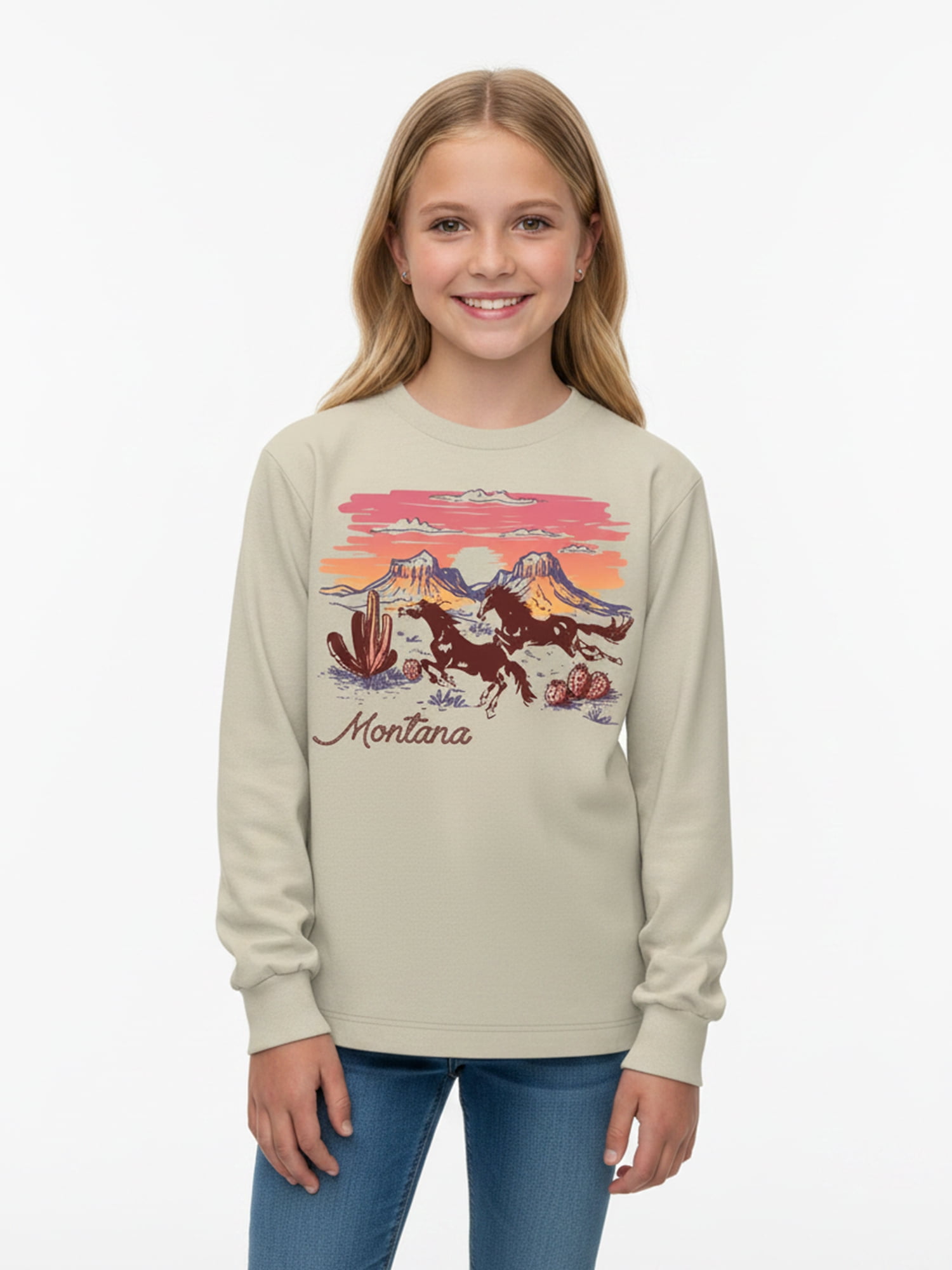 Wonder Nation Girls Graphic Sunset Horses Tee with Long Sleeves, Sizes 4–18