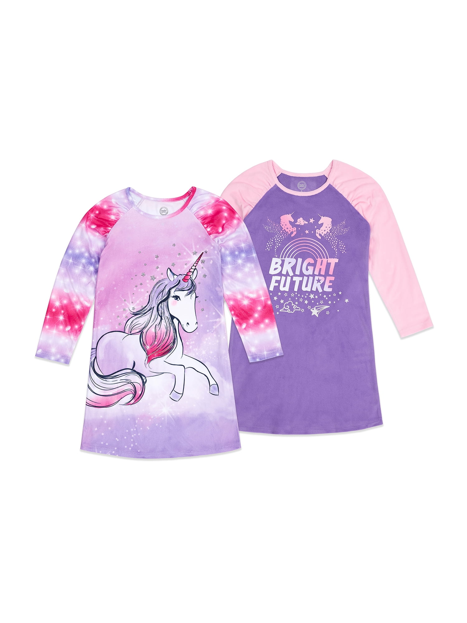 Wonder Nation Girls Super Soft Fleece Long Sleeve Nightgown, 2-Pack, Sizes 4-18 & Plus
