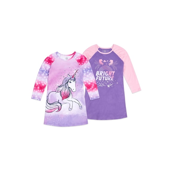 Wonder Nation Girls Super Soft Fleece Long Sleeve Nightgown, 2-Pack, Sizes 4-18 & Plus