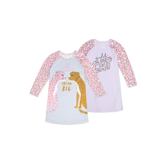 Wonder Nation Girls Super Soft Fleece Long Sleeve Nightgown, 2-Pack, Sizes 4-18 & Plus
