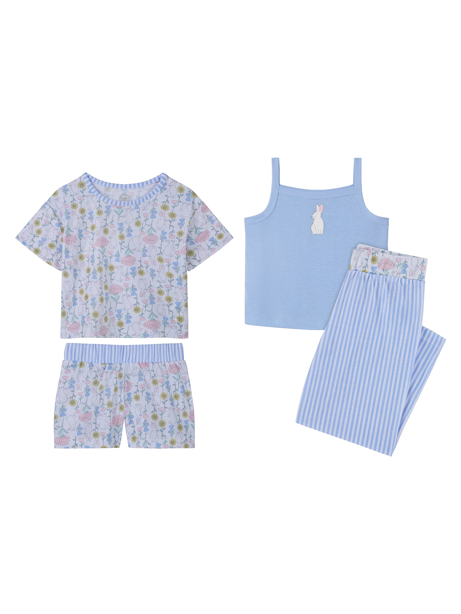 Wonder Nation Girls Tank, Short Sleeve Top, Sleep Shorts and Sleep Pant Pajama Set, 4-Piece, Sizes 4-18
