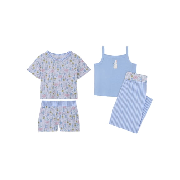 Wonder Nation Girls Tank, Short Sleeve Top, Sleep Shorts and Sleep Pant Pajama Set, 4-Piece, Sizes 4-18