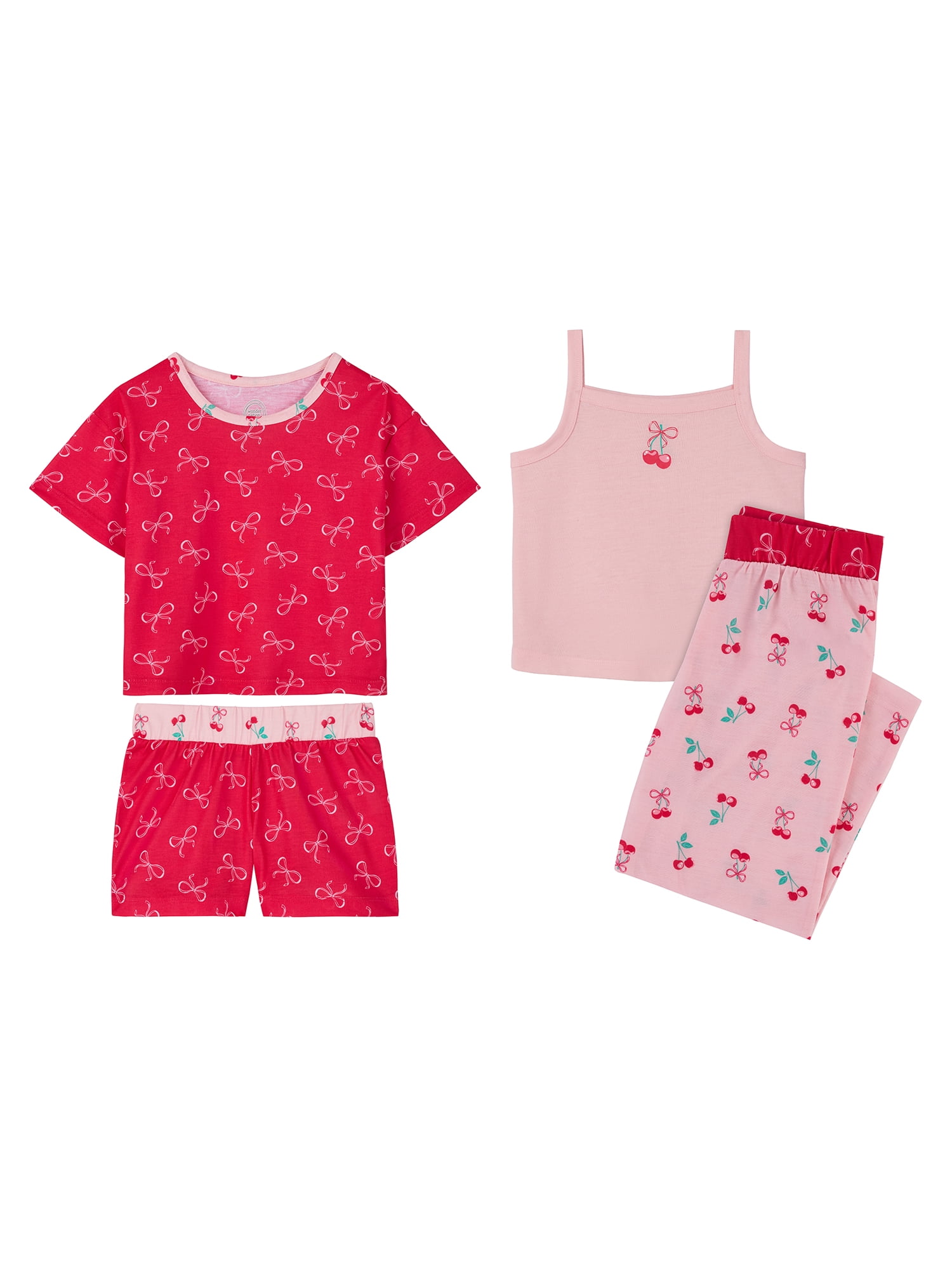 Wonder Nation Girls Tank, Short Sleeve Top, Sleep Shorts and Sleep Pant Pajama Set, 4-Piece, Sizes 4-18