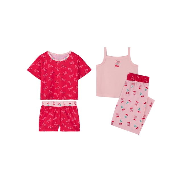 Wonder Nation Girls Tank, Short Sleeve Top, Sleep Shorts and Sleep Pant Pajama Set, 4-Piece, Sizes 4-18