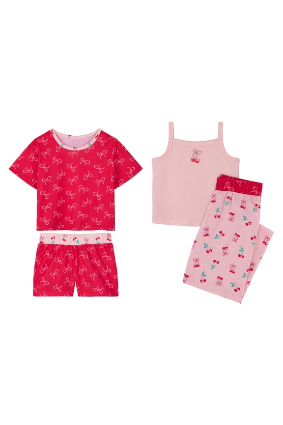 Girls Tank, Short Sleeve Top, Sleep Shorts and Sleep Pant Pajama Set, 4-Piece, Sizes 4-18