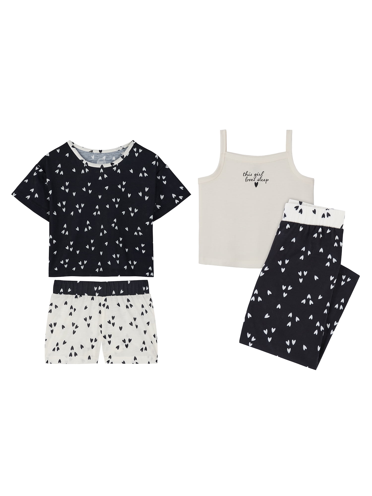 Wonder Nation Girls Tank, Short Sleeve Top, Sleep Shorts and Sleep Pant Pajama Set, 4-Piece, Sizes 4-18