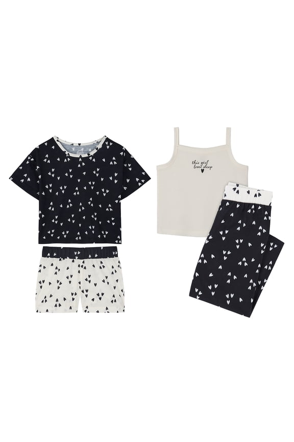 Girls Tank, Short Sleeve Top, Sleep Shorts and Sleep Pant Pajama Set, 4-Piece, Sizes 4-18