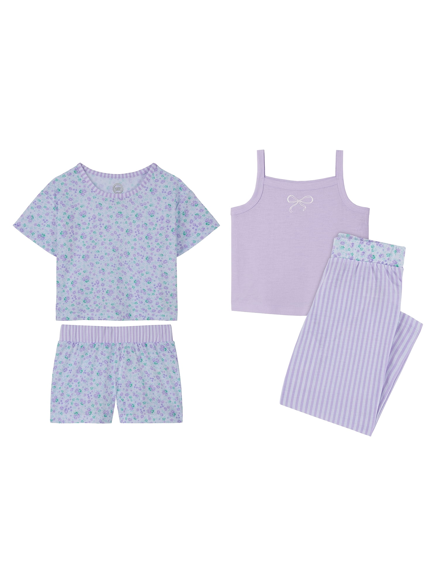 Wonder Nation Girls Tank, Short Sleeve Top, Sleep Shorts and Sleep Pant Pajama Set, 4-Piece, Sizes 4-18