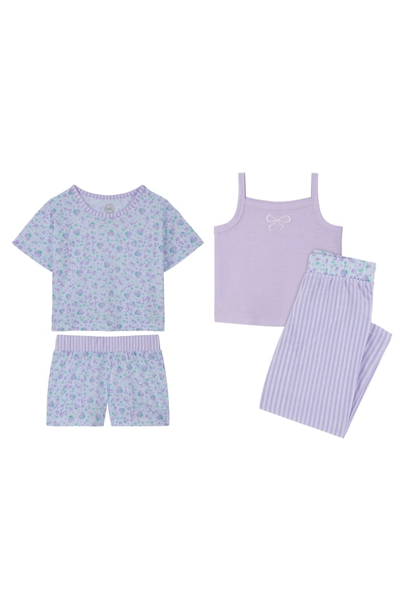 Girls Tank, Short Sleeve Top, Sleep Shorts and Sleep Pant Pajama Set, 4-Piece, Sizes 4-18