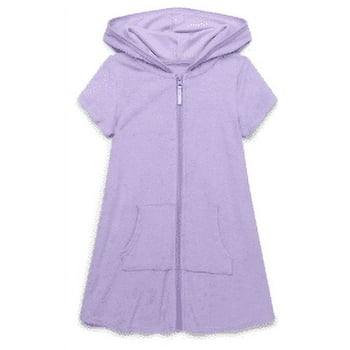 Wonder Nation Girls Terry Toweling Hooded Zip Swimsuit Coverup Dress with UPF50+, Sizes 4-18