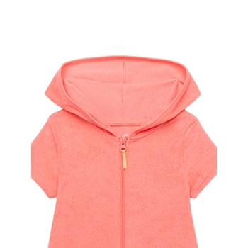Wonder Nation Girls Terry Toweling Hooded Zip Swimsuit Coverup Dress with UPF50+, Sizes 4-18
