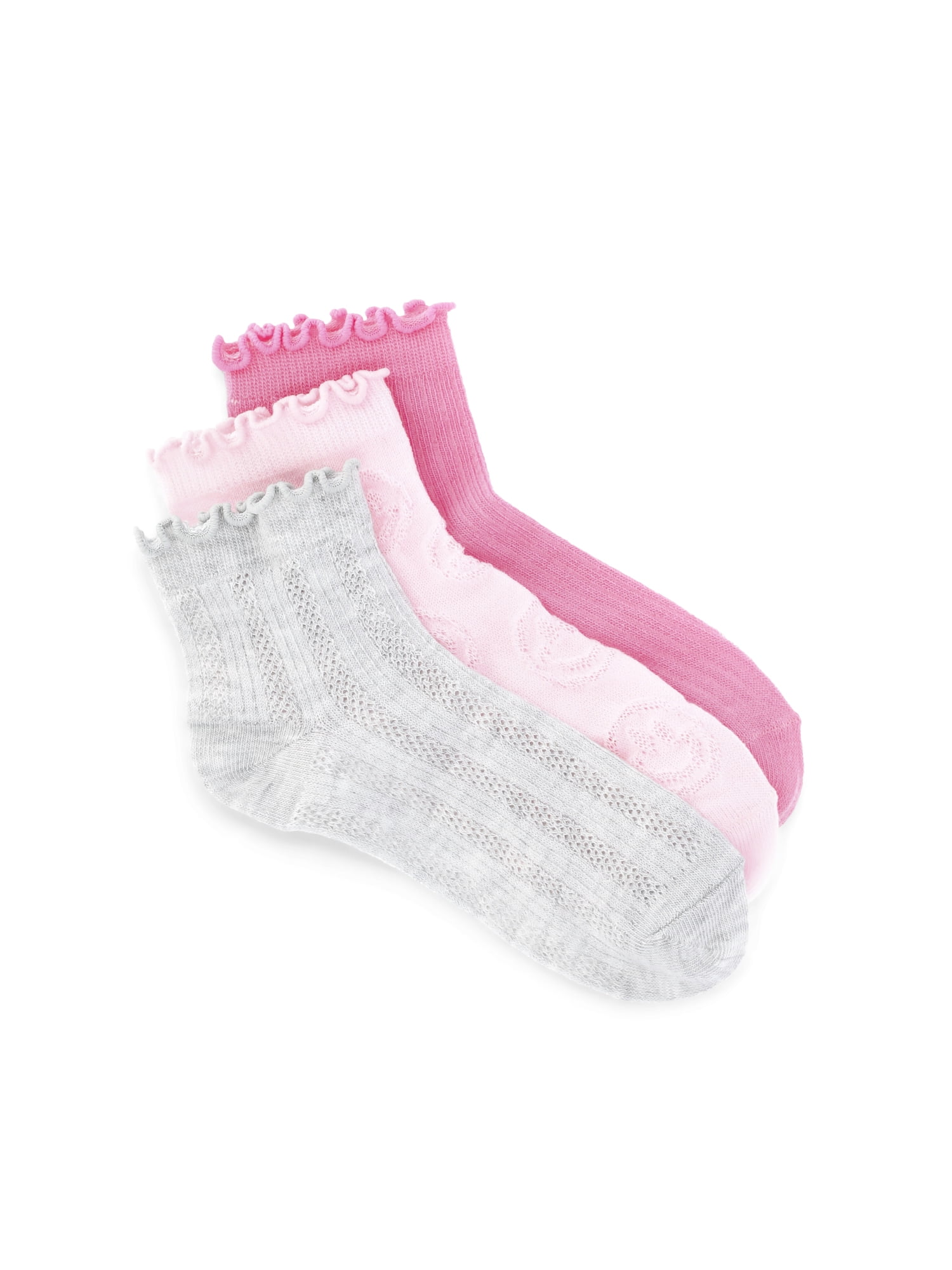 Wonder Nation Girls' Textured Lettuce Edge Ankle Socks, 3-Pack, Sizes S-L