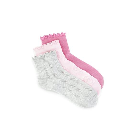 Wonder Nation Girls' Textured Lettuce Edge Ankle Socks, 3-Pack, Sizes S-L