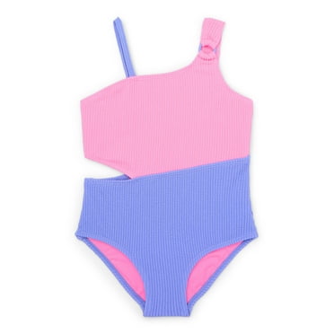 Wonder Nation Girls Textured One Shoulder Cut Out Swimsuit with UPF50+, Sizes 4-16