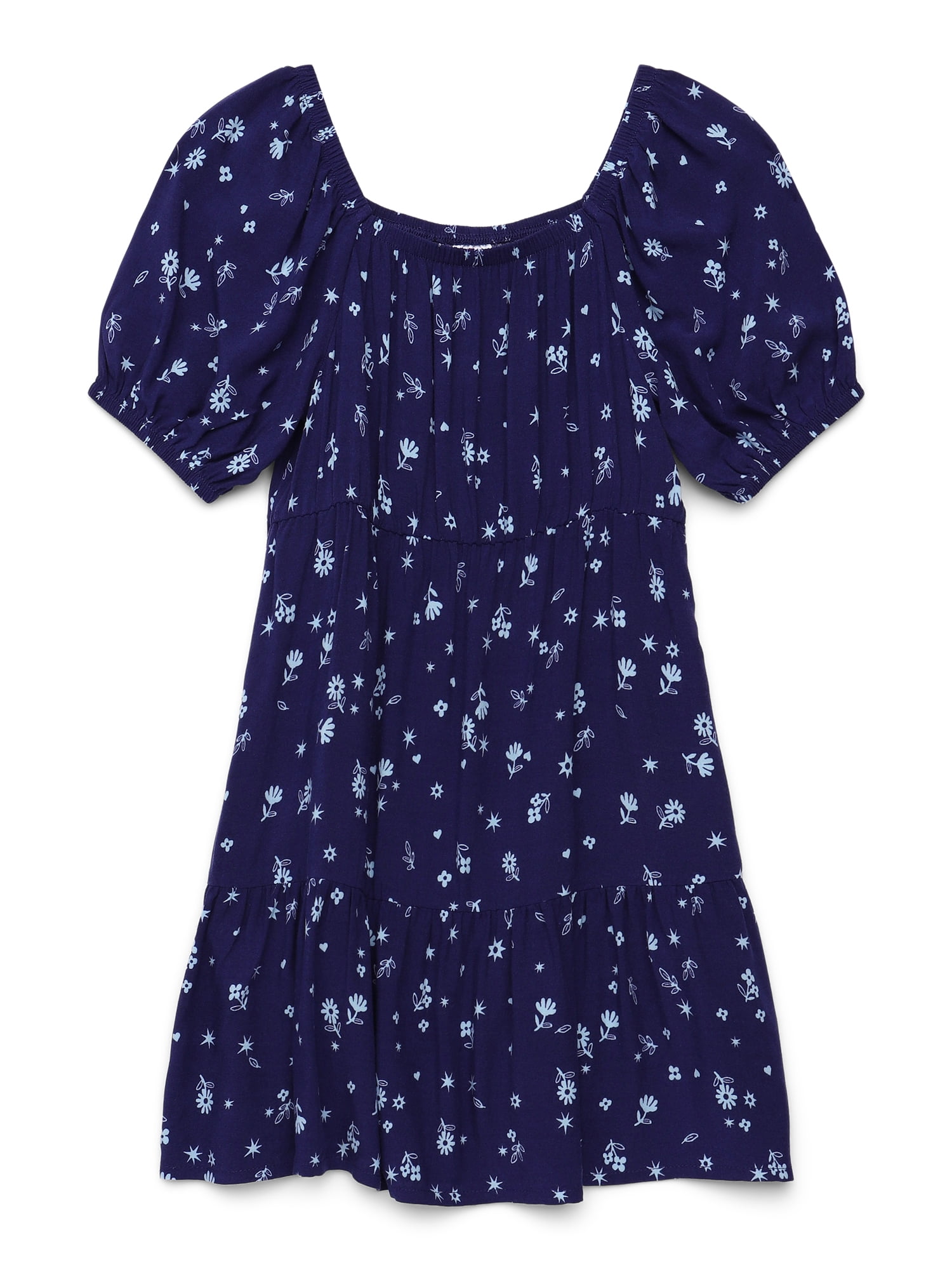 Wonder Nation Girls Tiered Dress with Puff Sleeves, Sizes 4-18 & Plus