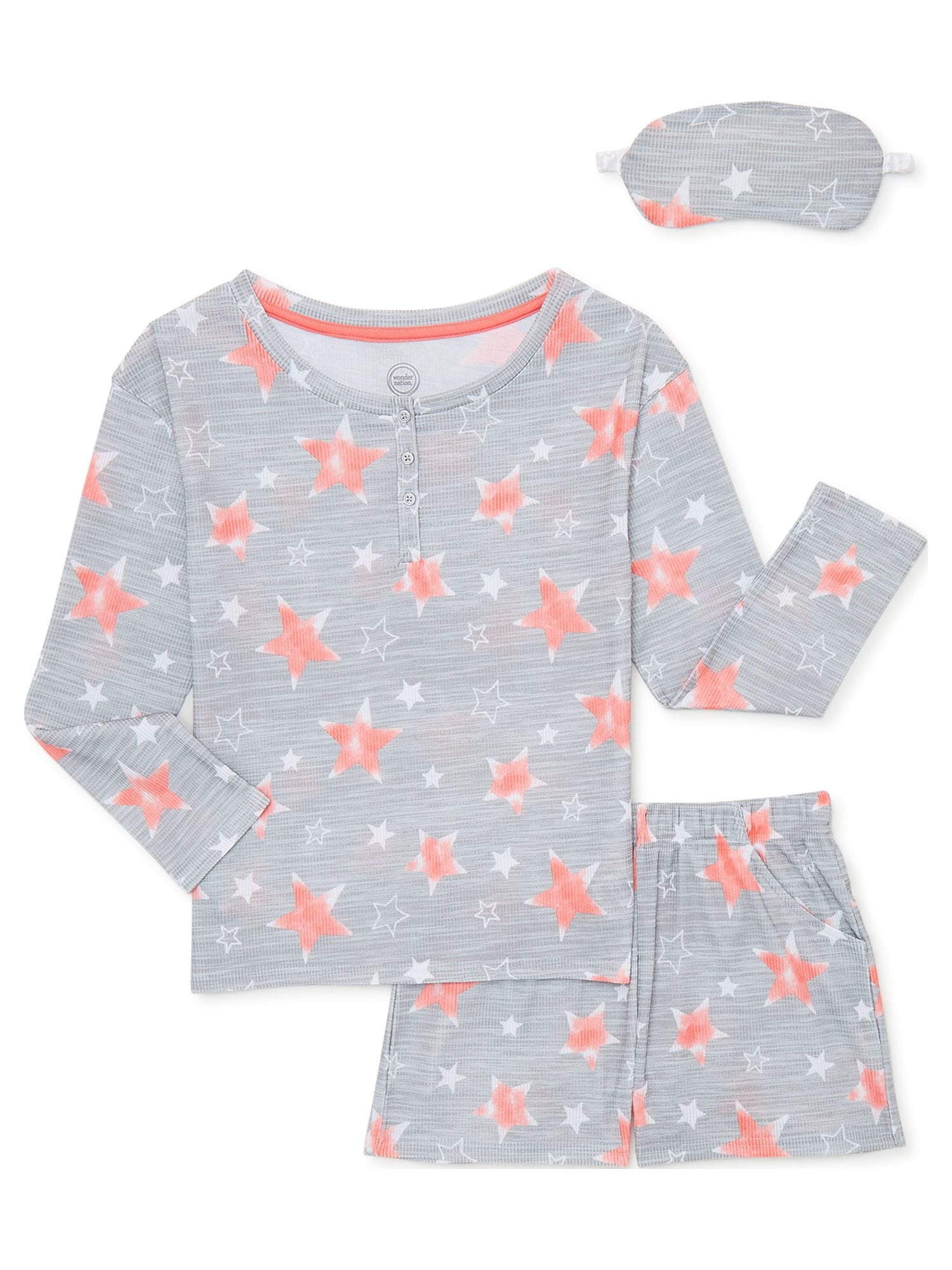 Wonder Nation Girls Top and Shorts Pajama Set with Eye Mask, 3Piece