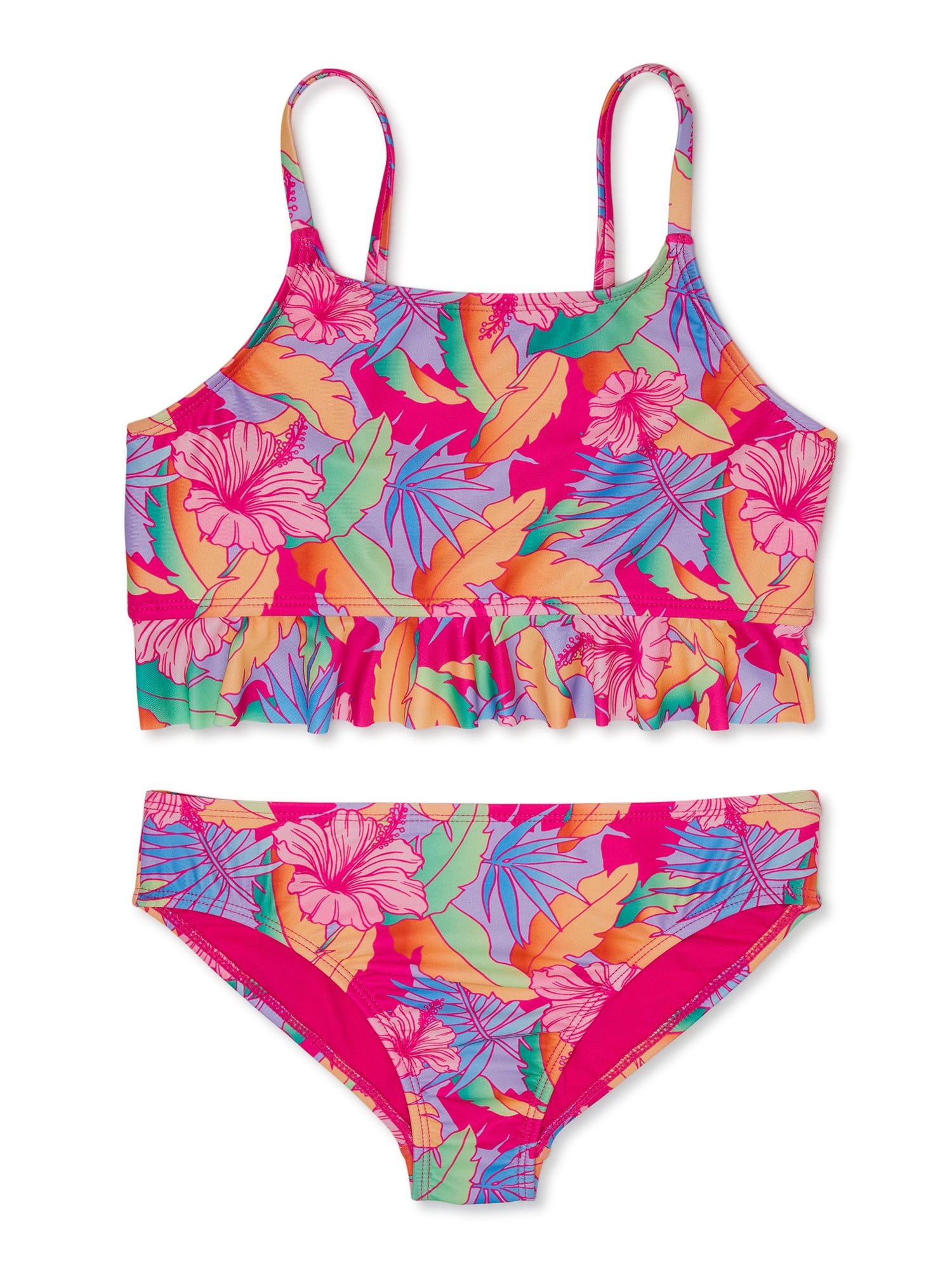 Wonder Nation Girls Tropical Flounce Tankini Swimsuit, 2-Piece, Sizes 4-18  & Plus