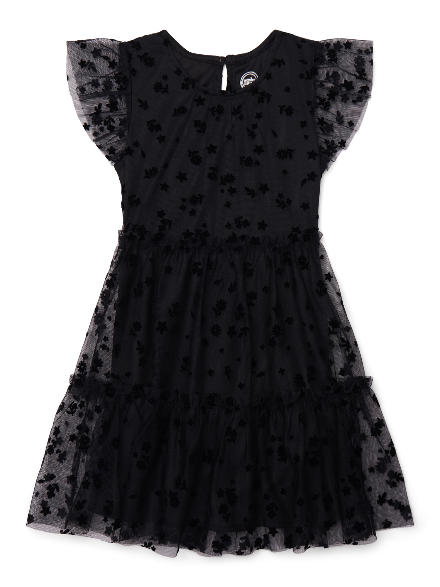Girls Tulle Floral Print Dress with Flutter Sleeves, Sizes 4-18 & Plus