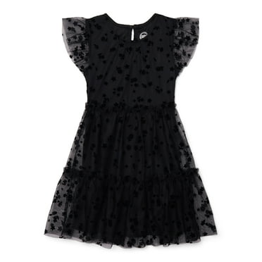 Wonder Nation Girls Tulle Floral Print Dress with Flutter Sleeves, Sizes 4-18 & Plus