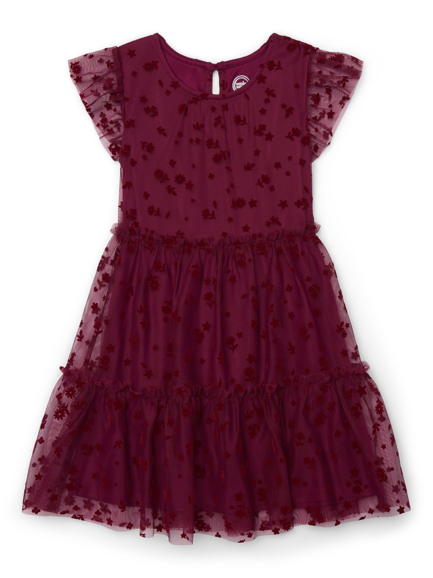 Wonder Nation Girls Tulle Floral Print Dress with Flutter Sleeves, Sizes 4-18 & Plus