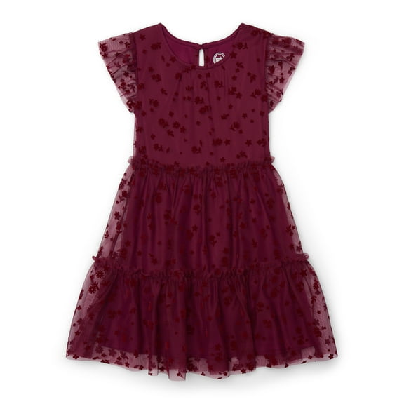 Wonder Nation Girls Tulle Floral Print Dress with Flutter Sleeves, Sizes 4-18 & Plus