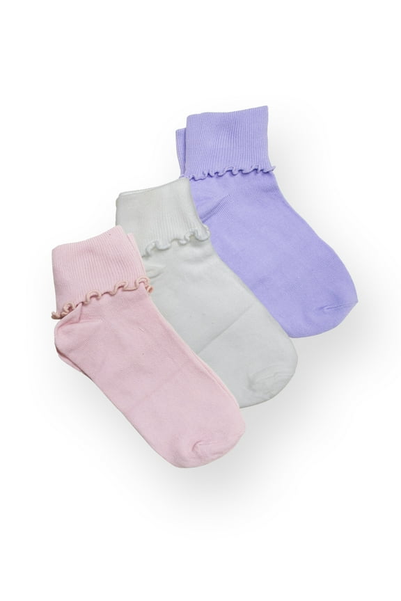 Girls’ Turn Cuff Ruffle Socks, 3-Pack, Sizes S-L