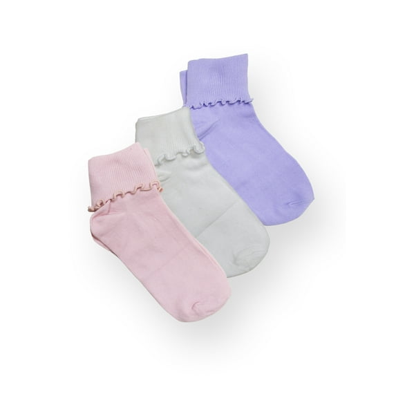Wonder Nation Girls’ Turn Cuff Ruffle Socks, 3-Pack, Sizes S-L