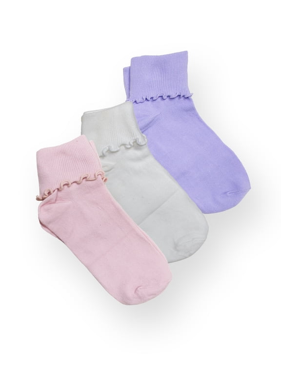 Girls’ Turn Cuff Ruffle Socks, 3-Pack, Sizes S-L