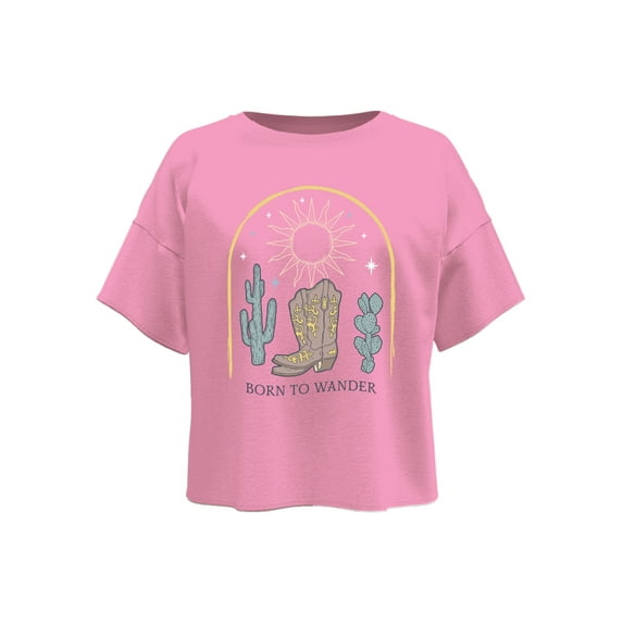 Wonder Nation Wandering Boots, Girls Apparel Graphic Crew Neck Short Sleeves T-Shirt, Sizes 4-18