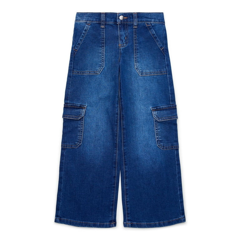 Wonder Nation Girls Wide Leg Cargo Jeans with Pockets, Sizes 4-18