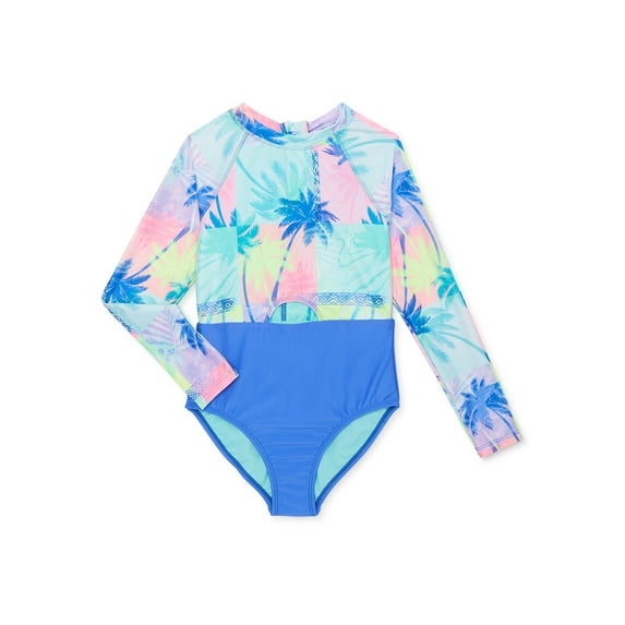 Wonder Nation Girls Zip Rashguard Swimsuit, 1-Piece, Sizes 4-18 & Plus
