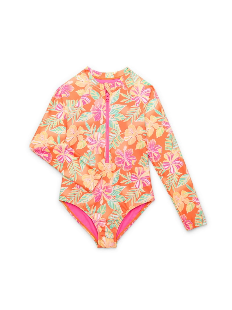 Wonder Nation Girls Zip-Up Long Sleeve Rash Guard One-Piece