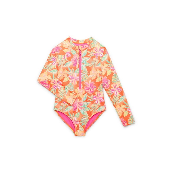 Wonder Nation Girls Zip-Up Rash Guard One-Piece Swimsuit with Long Sleeves, Sizes 4-18 & Plus