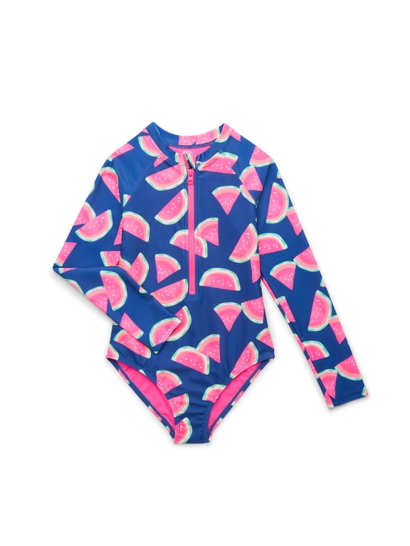 Girls Zip-Up Rash Guard One-Piece Swimsuit with Long Sleeves, Sizes 4-18 & Plus