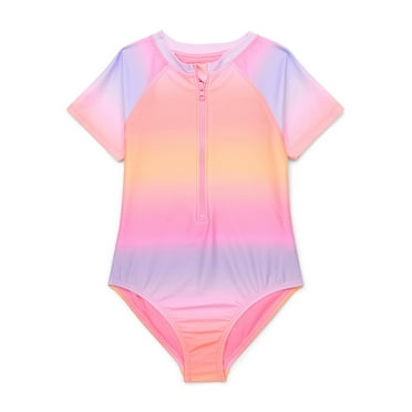 Wonder Nation Girls Short Sleeve Zip-Up Rash Guard One-Piece Swimsuit with UPF 50, Sizes 4-18 & Plus