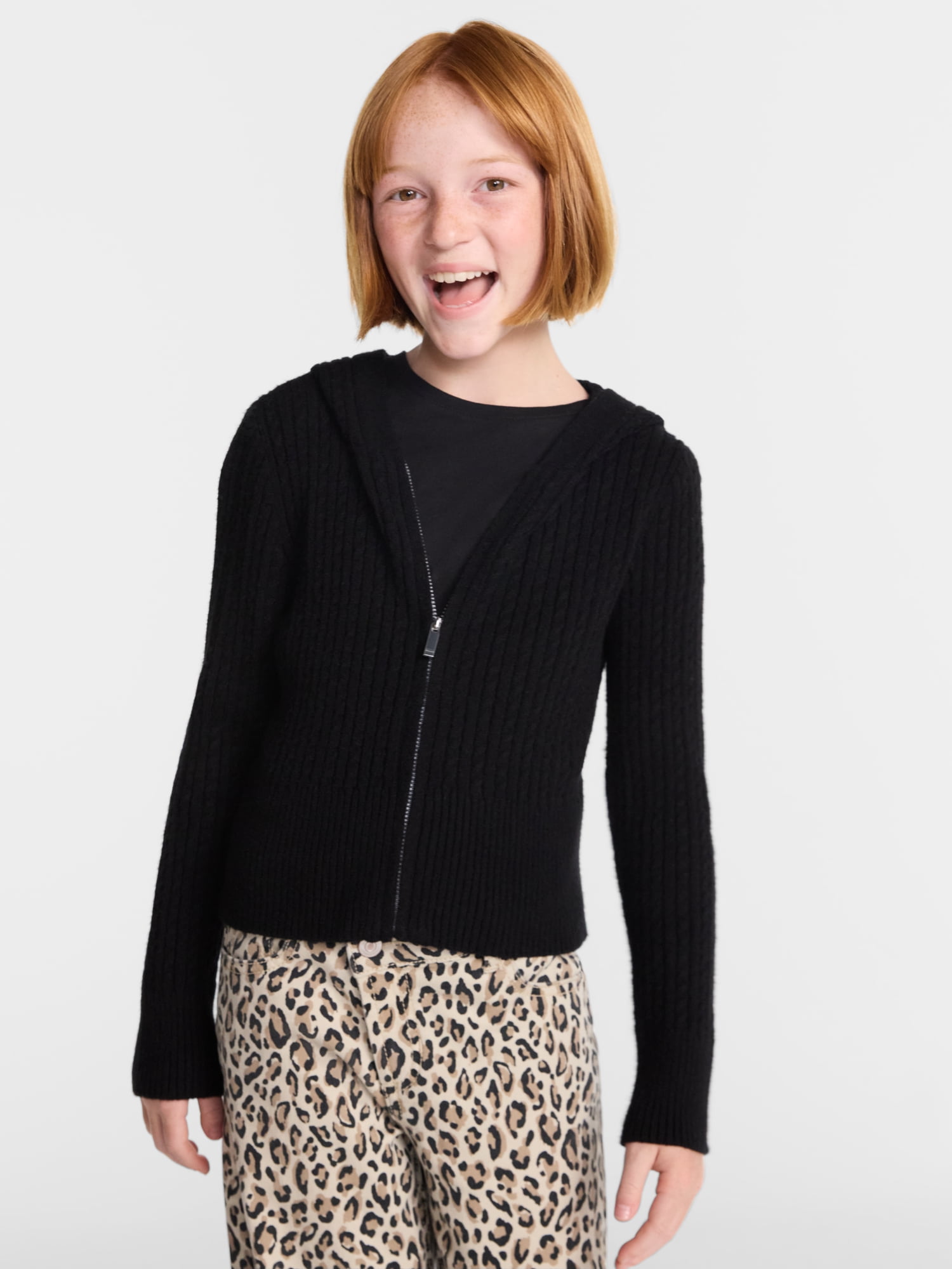 Wonder Nation Girls Ribbed Knit Hooded Full Zip Sweater, Sizes 4-18