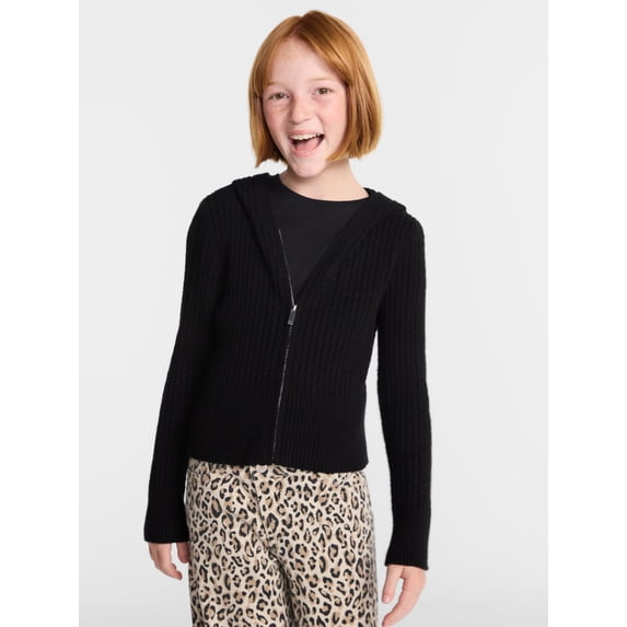 Wonder Nation Girls Ribbed Knit Hooded Full Zip Sweater, Sizes 4-18