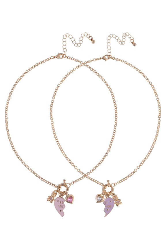 Goldtone 2pc "Best Friends" Hearts and Bear Charms Necklace Set