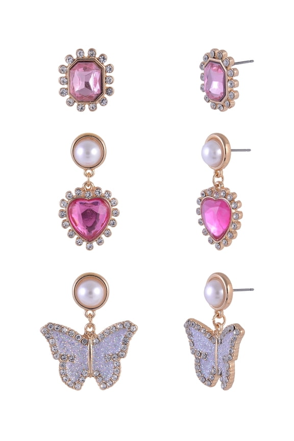 Goldtone 3pc Butterfly Multi Stone Glitter Drops Earring Set