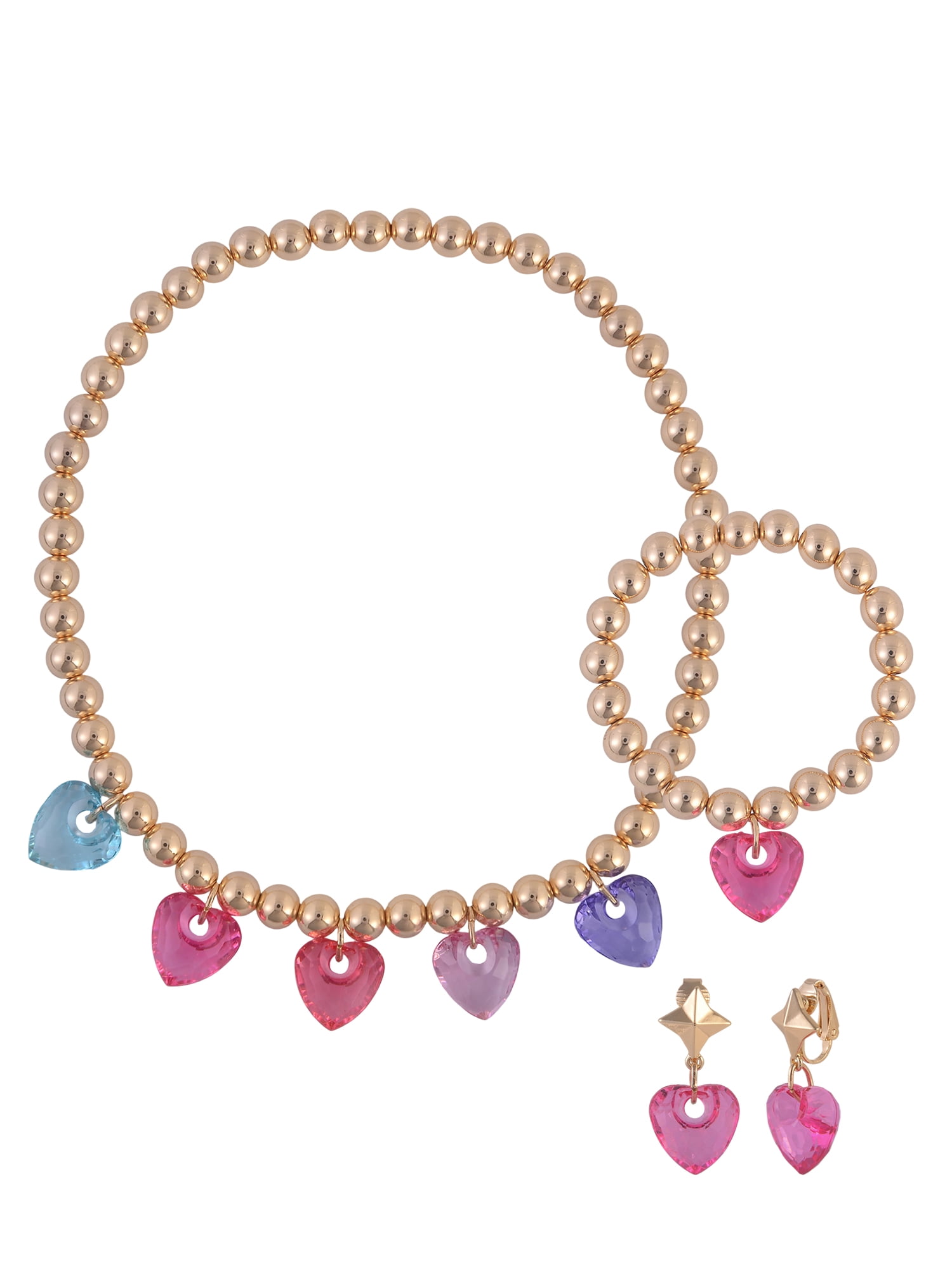 Wonder Nation Goldtone Beads Acrylic Multi Heart Drops Necklace, Bracelet & Earring Set