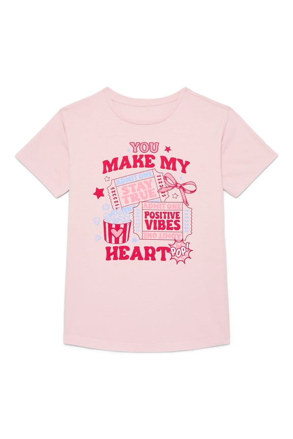 Girls Heart Pop Graphic T-Shirt with Short Sleeves, Sizes 4-18