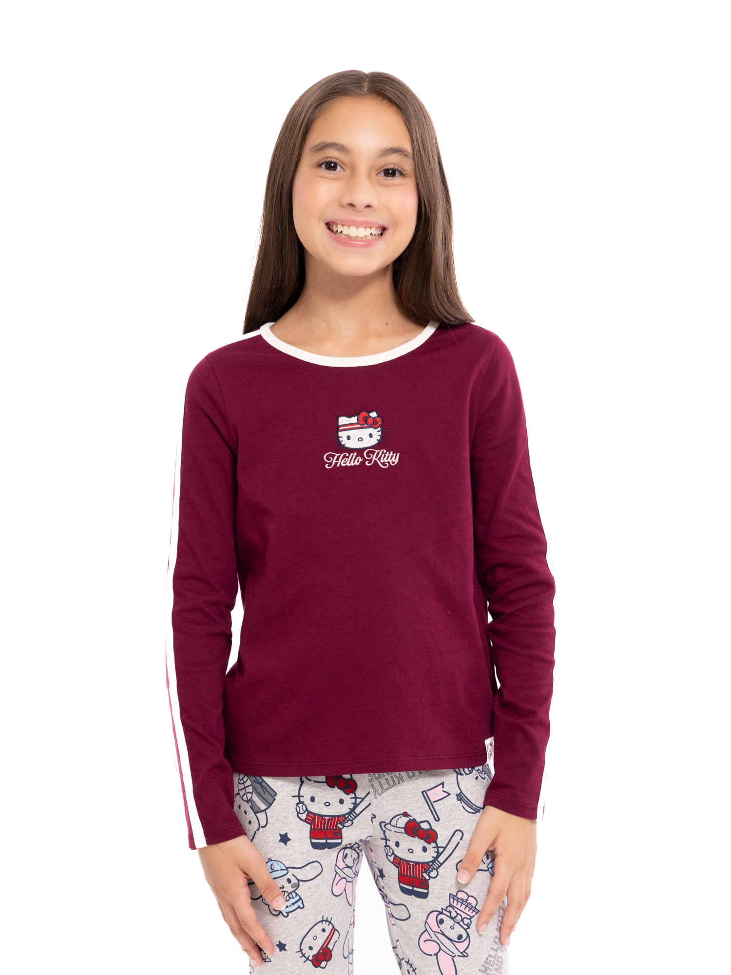 Wonder Nation Hello Kitty Girls Cotton Graphic Tee with Long Sleeves, Sizes 4-18